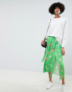 Юбка миди с цветочным принтом и оборкой ASOS DESIGN-Мульти