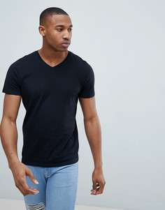 Черная облегающая футболка с V-образным вырезом Jack & Jones Essentials-Черный