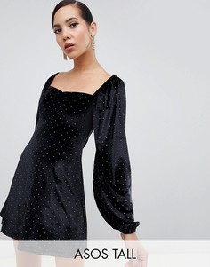 Бархатное платье с заклепками и вырезом сердечком ASOS DESIGN Tall-Черный