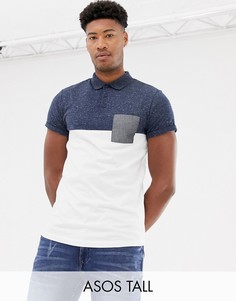 Темно-синяя футболка-поло с контрастной кокеткой, карманом и отворотами ASOS DESIGN Tall-Темно-синий
