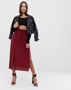 Юбка миди с высокой присборенной талией, поясом и разрезами ASOS DESIGN-Красный