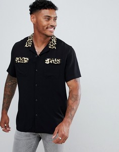 Вискозная рубашка классического кроя с леопардовым принтом на воротнике ASOS DESIGN-Черный