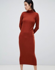 Платье миди в рубчик с высоким воротом ASOS DESIGN-Красный