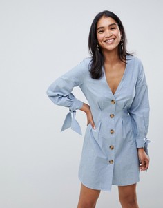 Короткое приталенное платье из шамбре на пуговицах с завязками на рукавах ASOS DESIGN-Синий