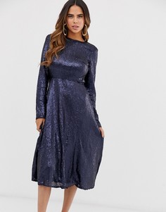 Темно-синее приталенное платье с длинными рукавами, пайетками и свободной юбкой TFNC-Темно-синий