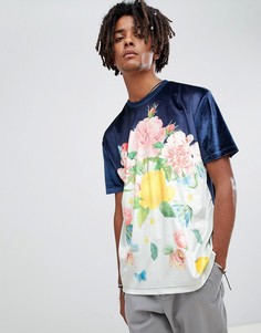 Свободная велюровая футболка с цветочным принтом ASOS DESIGN-Темно-синий