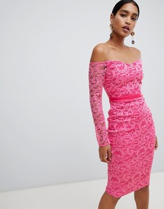 Кружевное платье-футляр с вырезом лодочкой и длинными рукавами Vesper-Розовый