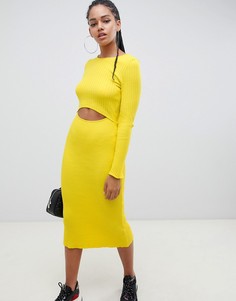Платье миди в рубчик с вырезом ASOS DESIGN-Желтый