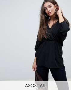Топ с запахом и сборками на рукавах ASOS DESIGN Tall-Черный