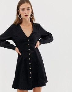 Черное джинсовое чайное платье на пуговицах с длинными рукавами ASOS DESIGN-Синий