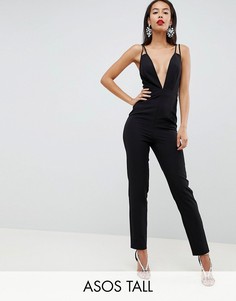 Комбинезон с глубоким вырезом и широкими штанинами ASOS DESIGN Tall-Черный