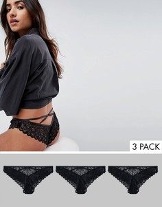 Набор из 3 бразильских трусов с перекрещенными элементами сзади ASOS DESIGN-Черный