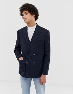 Свободный темно-синий двубортный oversize-блейзер с узором-штриховкой ASOS DESIGN
