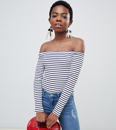 Боди в рубчик с открытыми плечами и длинными рукавами ASOS DESIGN Petite-Темно-синий