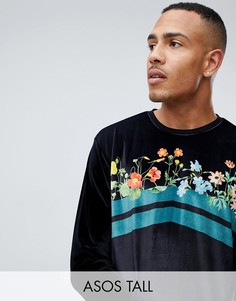 Свободный велюровый лонгслив с цветочным принтом ASOS DESIGN Tall-Черный