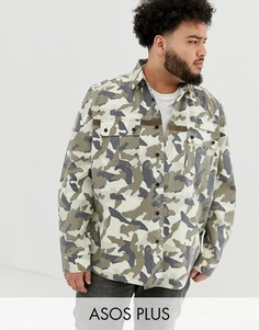 Рубашка навыпуск с камуфляжным принтом ASOS DESIGN Plus-Зеленый