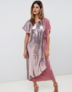 Асимметричное бархатное платье миди с пайетками и драпировкой ASOS Design-Розовый