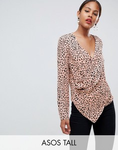 Лонгслив с запахом, глубоким вырезом и звериным принтом ASOS DESIGN Tall-Мульти