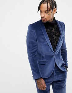 Темно-синий бархатный супероблегающий пиджак Twisted Tailor