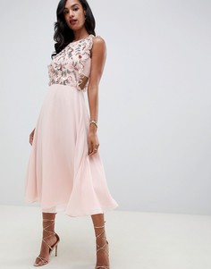 Платье миди с 3D цветочной отделлкой ASOS DESIGN-Розовый