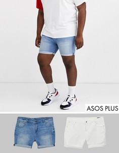 Комплект из двух пар облегающих джинсовых шорт (белые/светлые) с эффектом потертости ASOS DESIGN Plus-Мульти