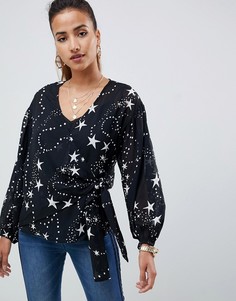 Прозрачный топ с длинными рукавами, запахом и принтом звезд ASOS DESIGN-Мульти