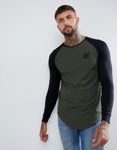Футболка цвета хаки в рубчик с рукавами реглан SikSilk-Зеленый