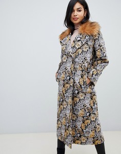 Гобеленовое пальто с воротником из искусственного меха ASOS DESIGN-Мульти