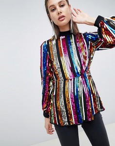 Топ с высоким воротом в полоску с пайетками ASOS DESIGN-Мульти
