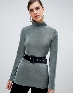 Бархатный плиссированный топ зеленого цвета с высоким воротом River Island-Зеленый