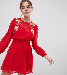 Короткое приталенное платье с вышивкой ASOS DESIGN Petite-Красный