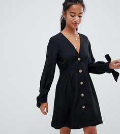 Короткое приталенное платье на пуговицах с завязками на рукавах ASOS DESIGN Petite-Черный