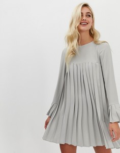 Плиссированное платье-трапеция мини с длинными рукавами ASOS DESIGN-Серый