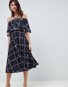 Плиссированное платье миди в клетку с цветочным принтом ASOS DESIGN-Мульти