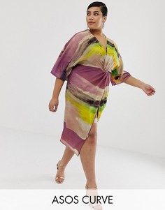 Платье миди с абстрактным принтом и узлом спереди ASOS DESIGN-Мульти