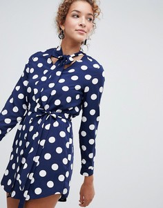 Платье-рубашка в горошек с завязкой у горловины и на талии Parisian-Темно-синий