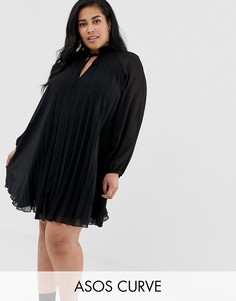Плиссированное платье мини с завязкой на вороте ASOS DESIGN Curve-Черный
