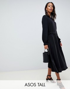 Платье миди с длинными рукавами и присборенной талией ASOS DESIGN Tall-Черный