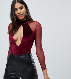 Бордовое бархатное боди с вырезом и сетчатыми вставками Missguided-Красный