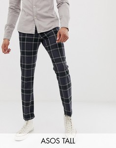 Темно-синие строгие укороченные брюки скинни в клетку с карманами ASOS DESIGN Tall-Темно-синий