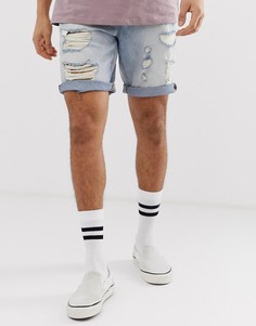 Светлые узкие джинсовые шорты с прорехами ASOS DESIGN-Синий