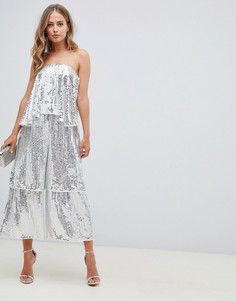 Комбинезон-бандо с ярусными штанинами и отделкой ASOS DESIGN-Серебряный