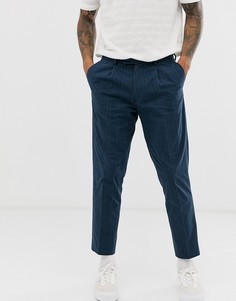 Синие узкие строгие брюки укороченного кроя из сирсакера в клетку ASOS DESIGN-Темно-синий