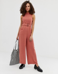 Комбинезон с высоким воротником, пряжкой и широкими штанинами ASOS DESIGN-Бежевый