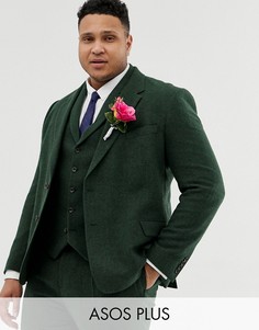 Свадебный облегающий пиджак зеленого цвета из ткани с добавлением шерсти и узором \в елочку\" ASOS DESIGN Plus-Зеленый