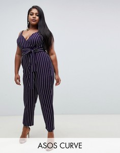 Темно-синий комбинезон в полоску с запахом и поясом ASOS DESIGN Curve-Мульти