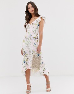 Платье миди в полоску с оборками и цветочным принтом ASOS DESIGN-Мульти