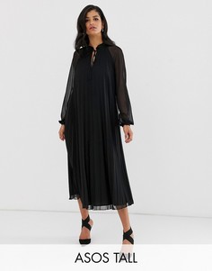 Плиссированное трапециевидное платье миди с завязкой на вороте ASOS DESIGN Tall-Черный