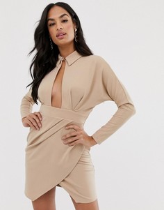 Платье-рубашка мини с запахом и длинными рукавами ASOS DESIGN-Бежевый