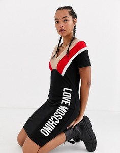 Платье-футболка в стиле ретро с логотипом и шевронной отделкой Love Moschino-Черный